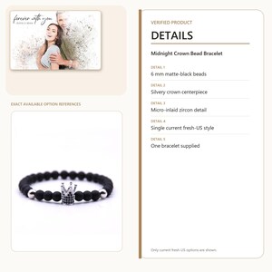 Puede incluir: Una pulsera de cuentas Midnight Crown con cuentas negro mate de 6 mm, una pieza central de corona plateada con detalles de circonitas microincrustadas y dos cuentas de acento plateadas. Se suministra una sola pulsera.