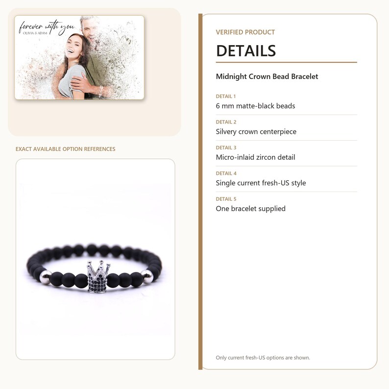 Puede incluir: Una pulsera de cuentas Midnight Crown con cuentas negro mate de 6 mm, una pieza central de corona plateada con detalles de circonitas microincrustadas y dos cuentas de acento plateadas. Se suministra una sola pulsera.