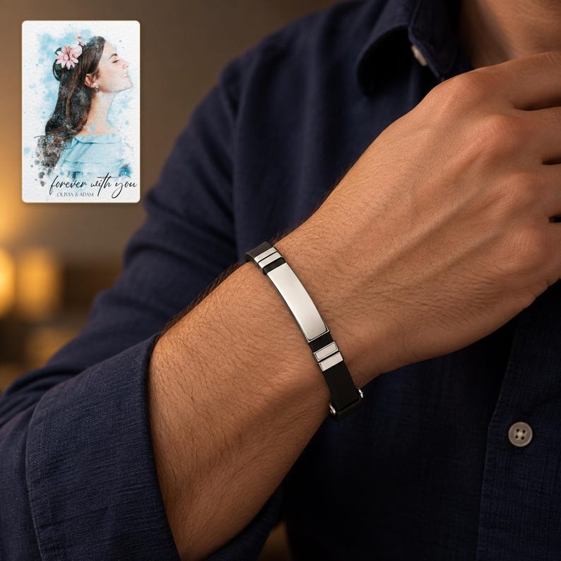 Adult man wearing the black strap silver-tone bar bracelet with a navy shirt in evening light. A personalized digital greeting card is shown alongside.