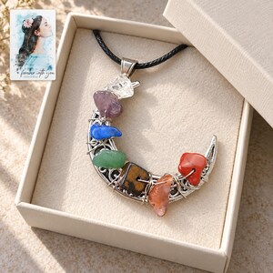 Rainbow Chip Moon Necklace, displayed in a presentation box. A sample personalized digital greeting card is shown alongside.