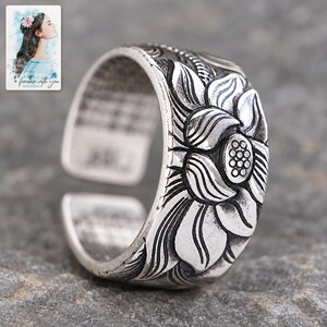 Lotus Flower Open Ring, close-up of the details. A sample personalized digital greeting card is shown alongside.