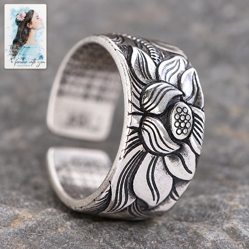Lotus Flower Open Ring, close-up of the details. A sample personalized digital greeting card is shown alongside.