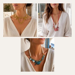 May include: A collection of three necklaces: a gold-toned multi-strand chain necklace, a long red cord necklace with assorted red beads and charms, and a necklace featuring white pearls, gold-toned chain links, and blue sea-themed charms.