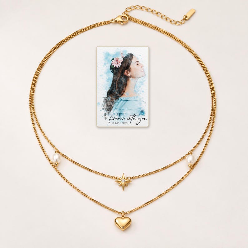 Layered Heart Necklace, shown against a light background. A sample personalized digital greeting card is shown alongside.