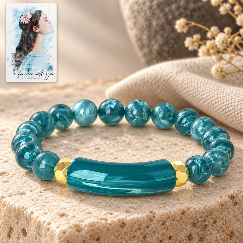 Peacock Tide Bar Bracelet shown in a close macro view highlighting the visible texture, texture and construction details. A personalized digital greeting card is shown alongside.