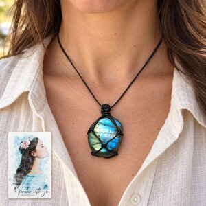 Labradorite Pendant Necklace, worn lifestyle view. A personalized digital greeting card is shown alongside.