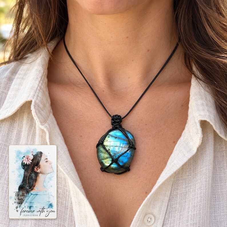 Labradorite Pendant Necklace, worn lifestyle view. A personalized digital greeting card is shown alongside.