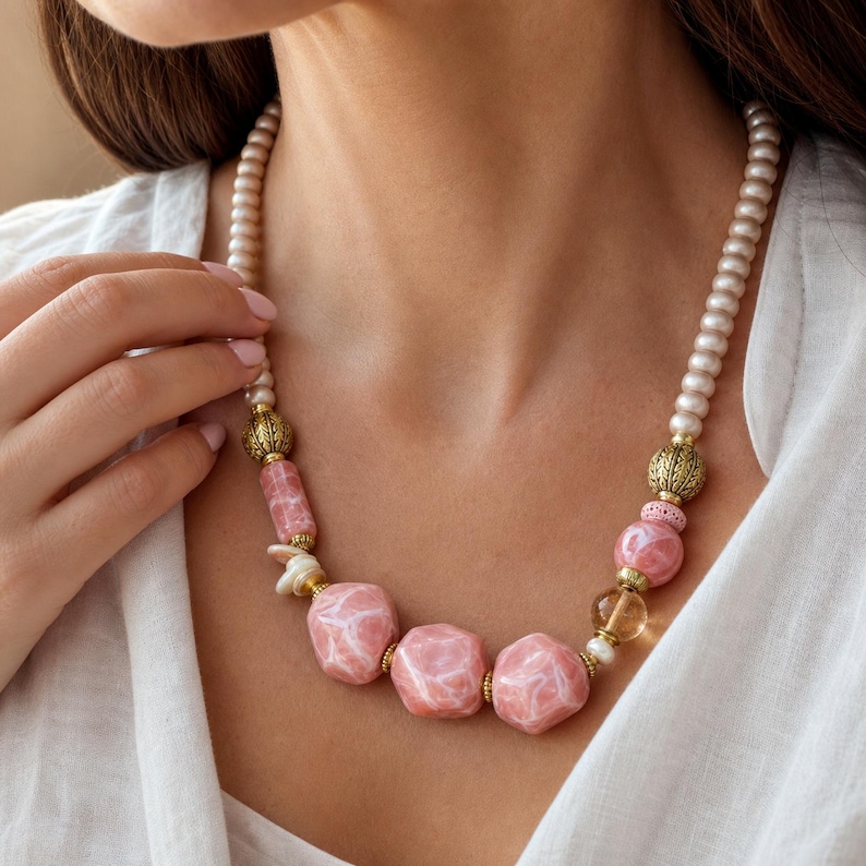 Brown and Rose Gold Statement Beaded Necklace presented in an open jewelry gift box on natural linen