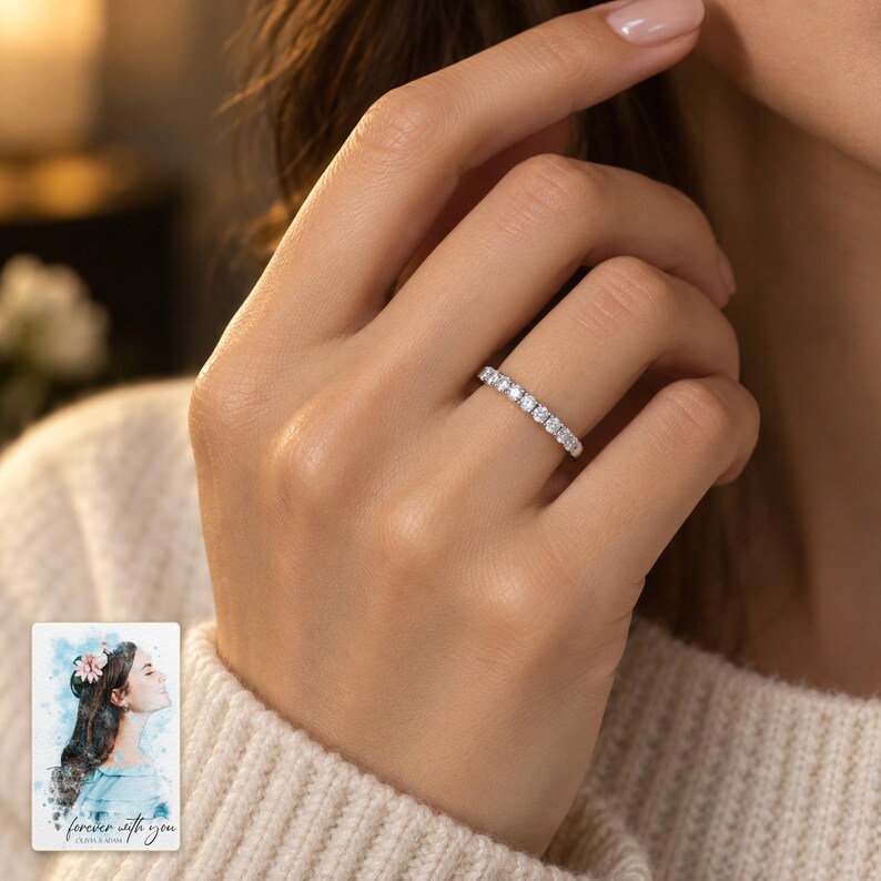Moissanite Half Eternity Ring, worn with evening clothing. A sample personalized digital greeting card is shown alongside.