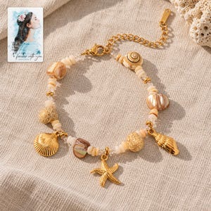 Shell Charm Bracelet, laid on fabric. A sample personalized digital greeting card is shown alongside.
