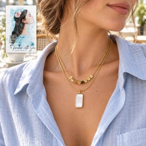 Mother of Pearl Necklace, human lifestyle view. A personalized digital greeting card is shown alongside.