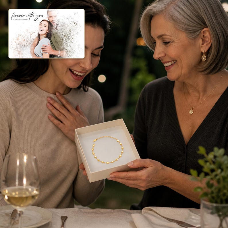 May include: A gold chain bracelet with small circular charms inside a square white gift box. A rectangular card is displayed above featuring a photo of a couple with the text "forever with you" and "OLIVIA & ADAM" in a script and sans-serif font.