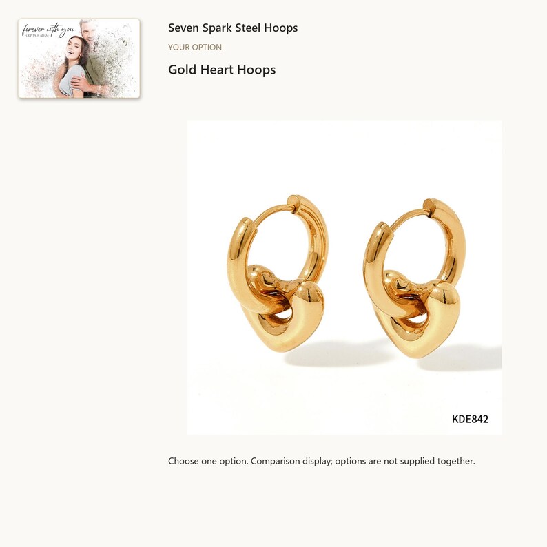 Gold tone heart. Charm Hoop Earrings. A personalized digital greeting card is shown. Select the pictured option when ordering.