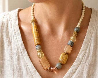 Asymmetric Beaded Necklace, Cream and Honey Tones with Geometric Beads