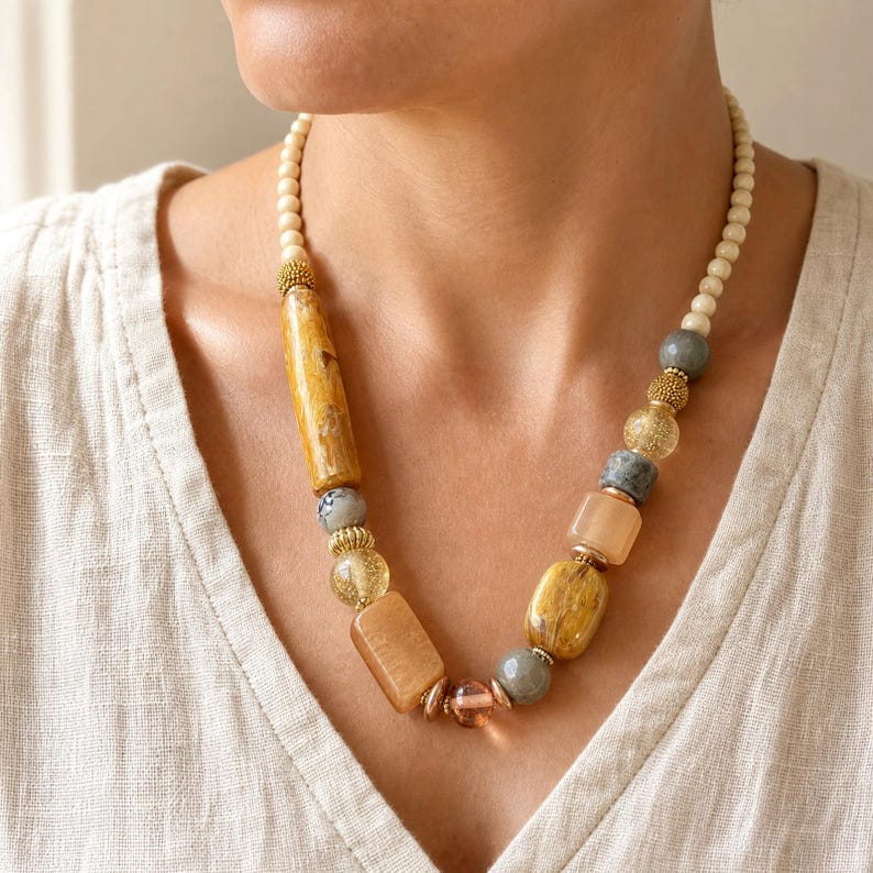 Asymmetrical cream, amber and gray beaded statement necklace with gold spacers displayed on a jewelry bust with every statement bead visible