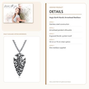 May include: A stainless steel Aegis North Nordic arrowhead necklace featuring an engraved Nordic symbol motif. The pendant hangs from a metallic chain, with available chain length options of 50 cm or 70 cm. The design includes a textured finish.