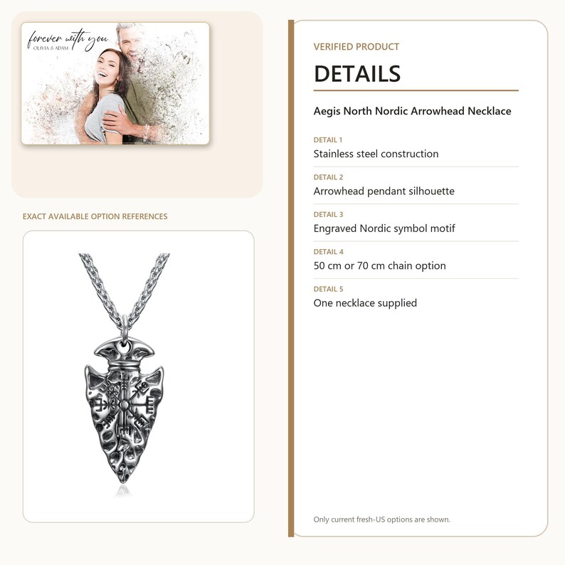 May include: A stainless steel Aegis North Nordic arrowhead necklace featuring an engraved Nordic symbol motif. The pendant hangs from a metallic chain, with available chain length options of 50 cm or 70 cm. The design includes a textured finish.