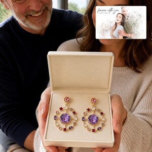 Prism Garden Sparkle Drops shown during a warm gift-receiving moment between adults with the exact jewelry visible.