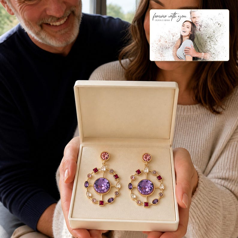 Prism Garden Sparkle Drops shown during a warm gift-receiving moment between adults with the exact jewelry visible.