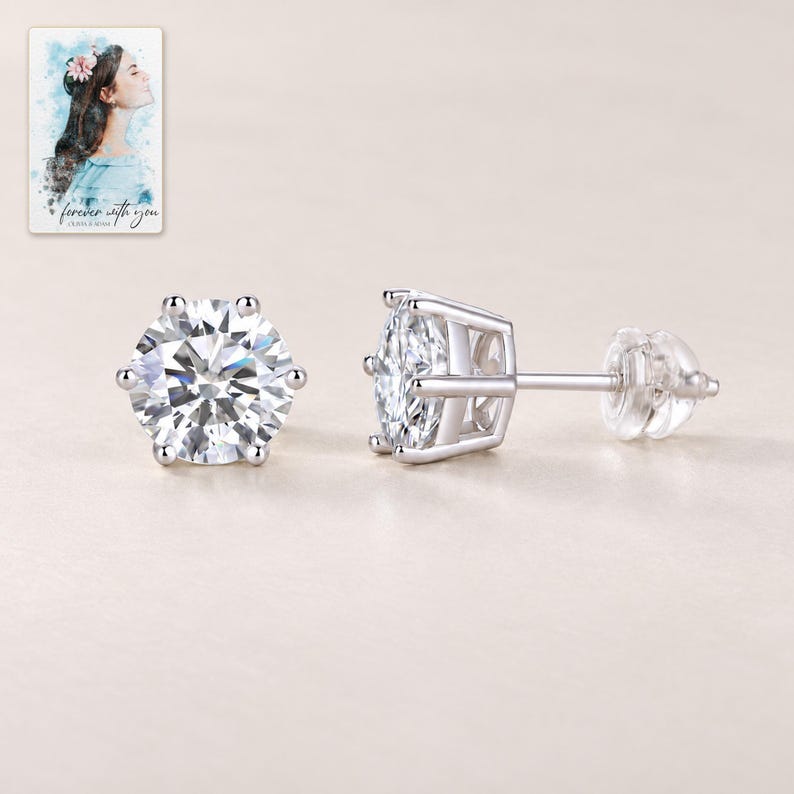 Moissanite Stud Earrings, shown against a light background. A sample personalized digital greeting card is shown alongside.
