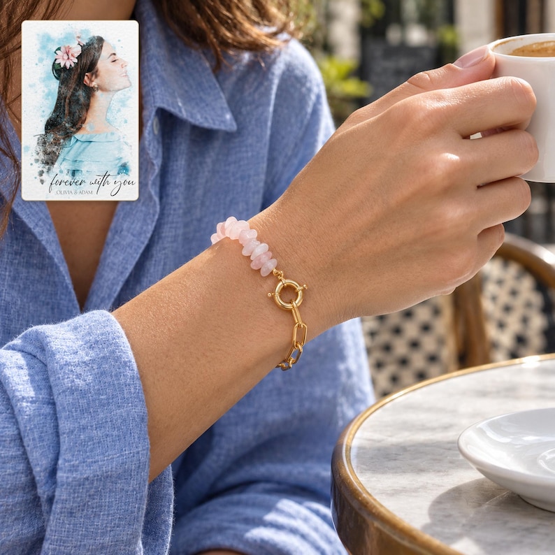 Pink Chip Bead Bracelet, human lifestyle view. A personalized digital greeting card is shown alongside.
