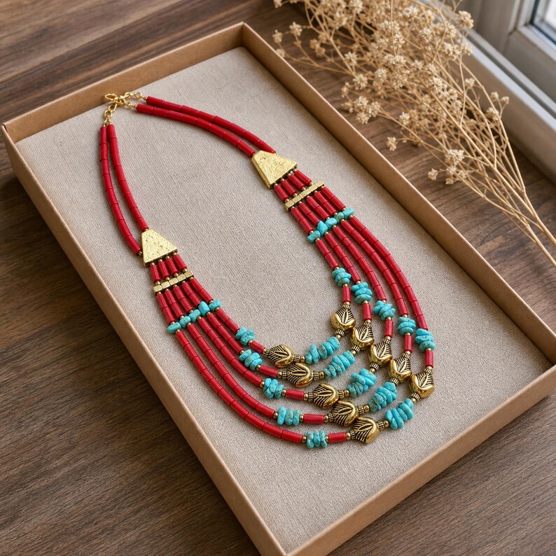Red Multi Strand Necklace, Turquoise Color Beads and Gold Tone Leaf Details image 5
