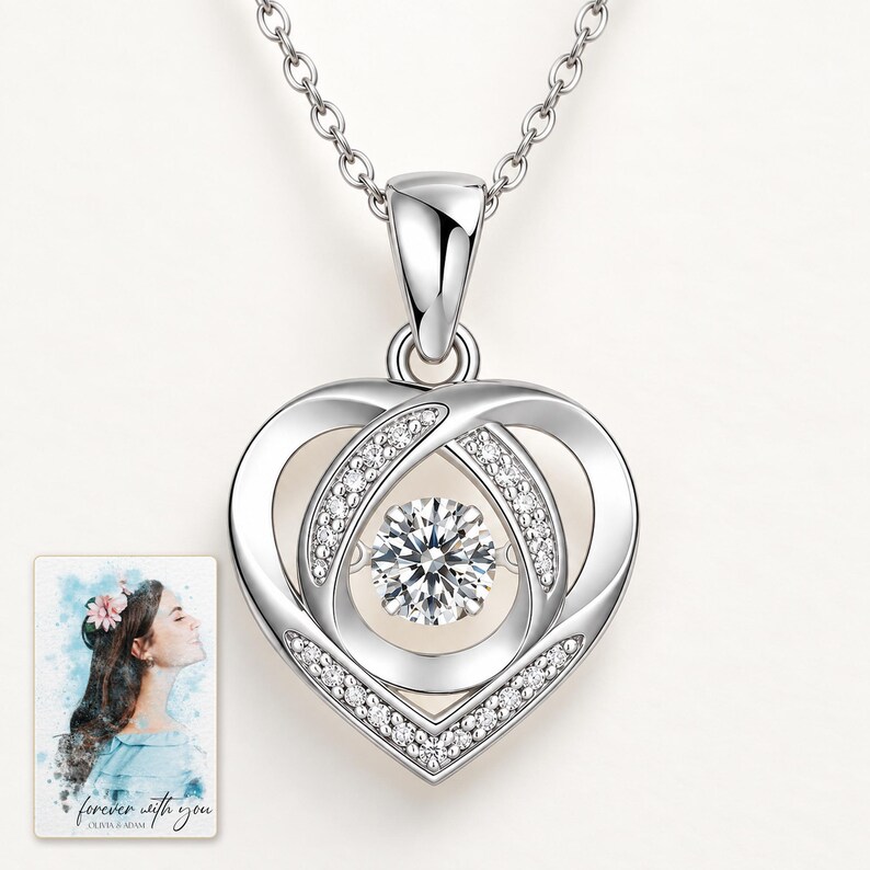Moissanite Heart Necklace, catalog view. A personalized digital greeting card is shown alongside.