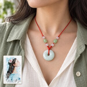 Peace Circle Green Cord Necklace worn by an adult in a natural daytime lifestyle scene. A personalized digital greeting card is shown alongside.