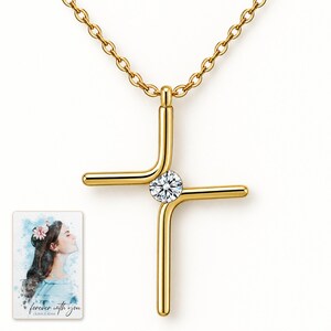 Cross Pendant Necklace, shown against a light background. A sample personalized digital greeting card is shown alongside.