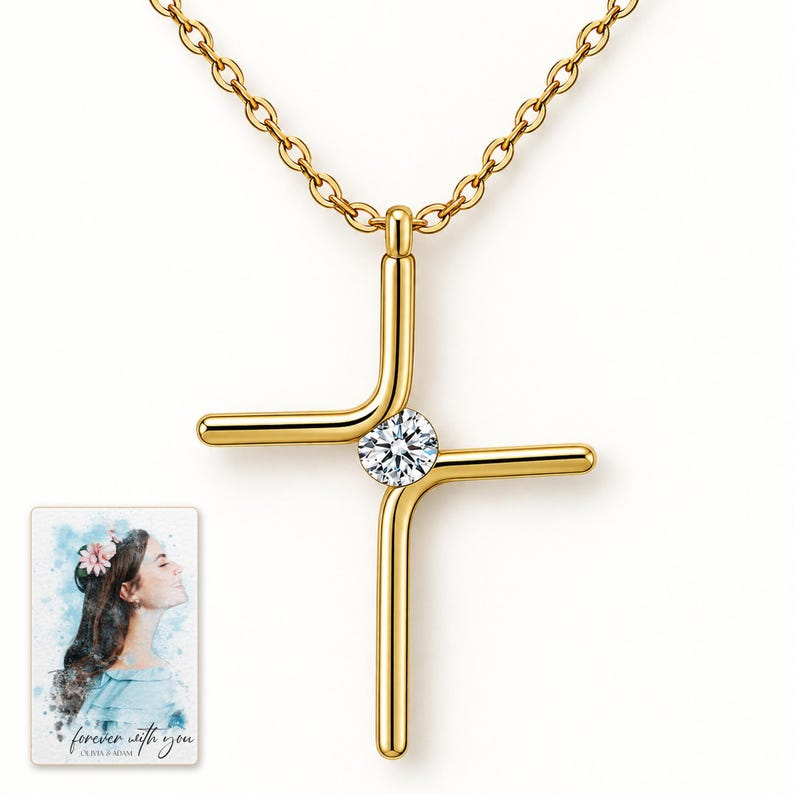 Cross Pendant Necklace, shown against a light background. A sample personalized digital greeting card is shown alongside.