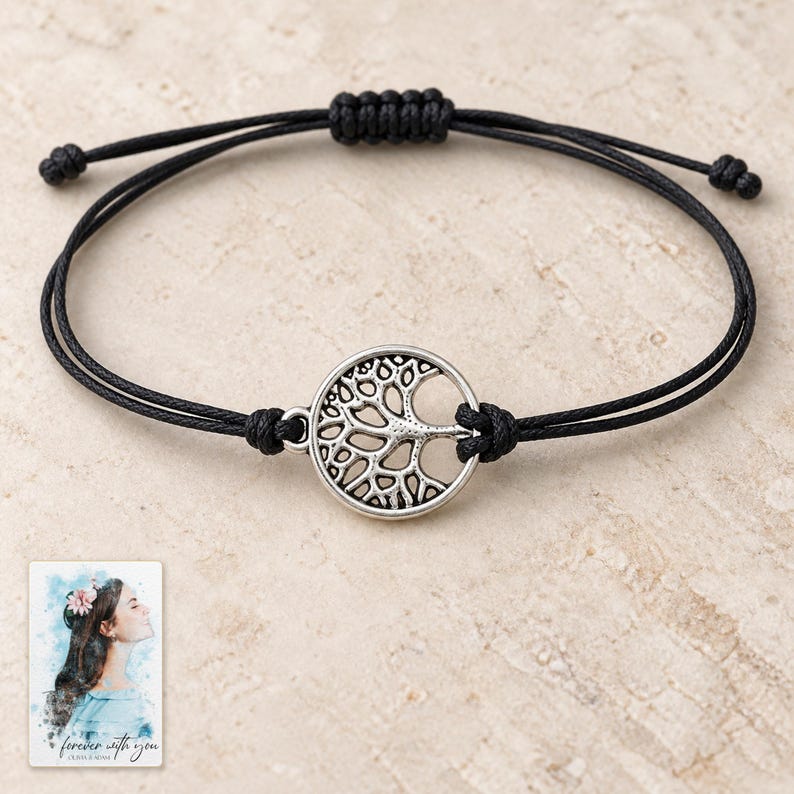 Tree of Life Cord Bracelet, shown on a display surface. A sample personalized digital greeting card is shown alongside.