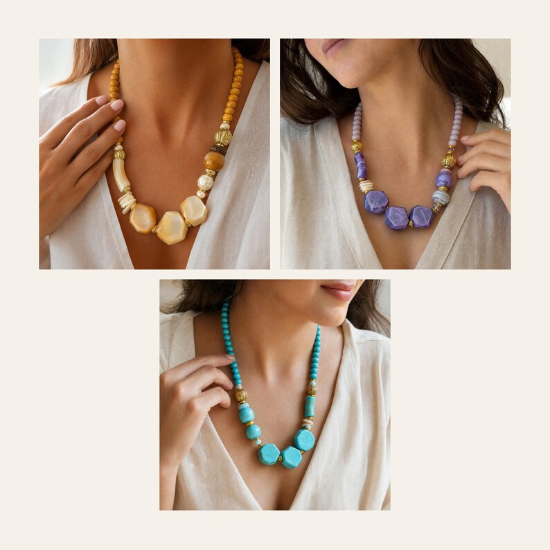 May include: Three necklaces featuring chunky beads in yellow, purple, and turquoise. Each piece includes a mix of round, hexagonal, and cylindrical beads with gold-toned spacers. The designs are displayed on white tops, highlighting the varied bead textures.