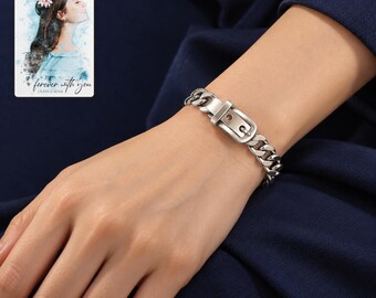 Belt Buckle Chain Bracelet, Silver Tone Curb Links and Personalise Adjustable Clasp