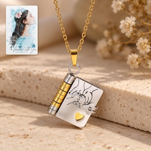 Opening Book Necklace, macro detail view. A personalized digital greeting card is shown alongside.