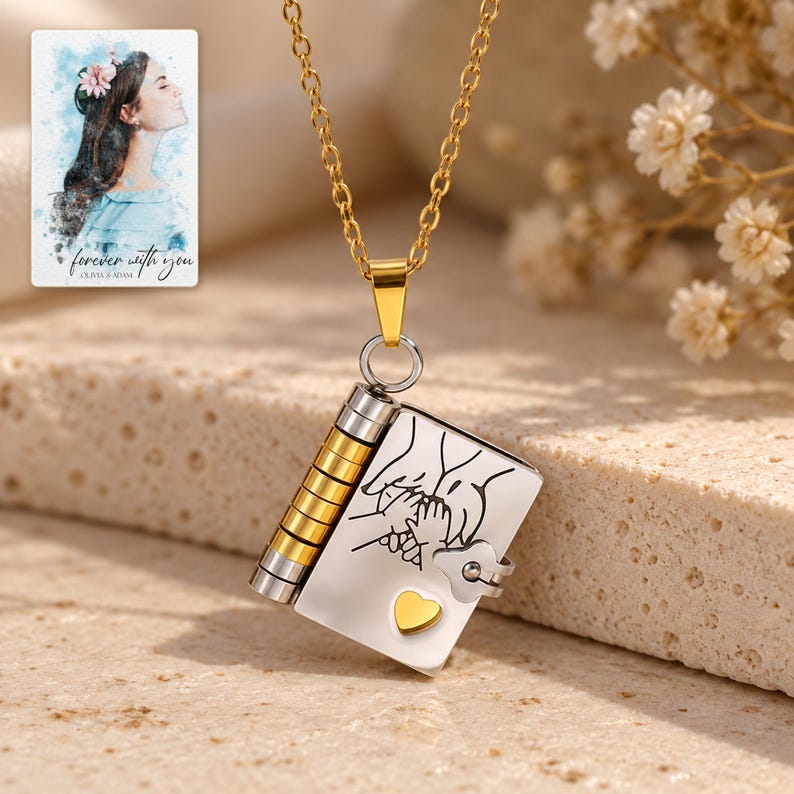 Opening Book Necklace, macro detail view. A personalized digital greeting card is shown alongside.