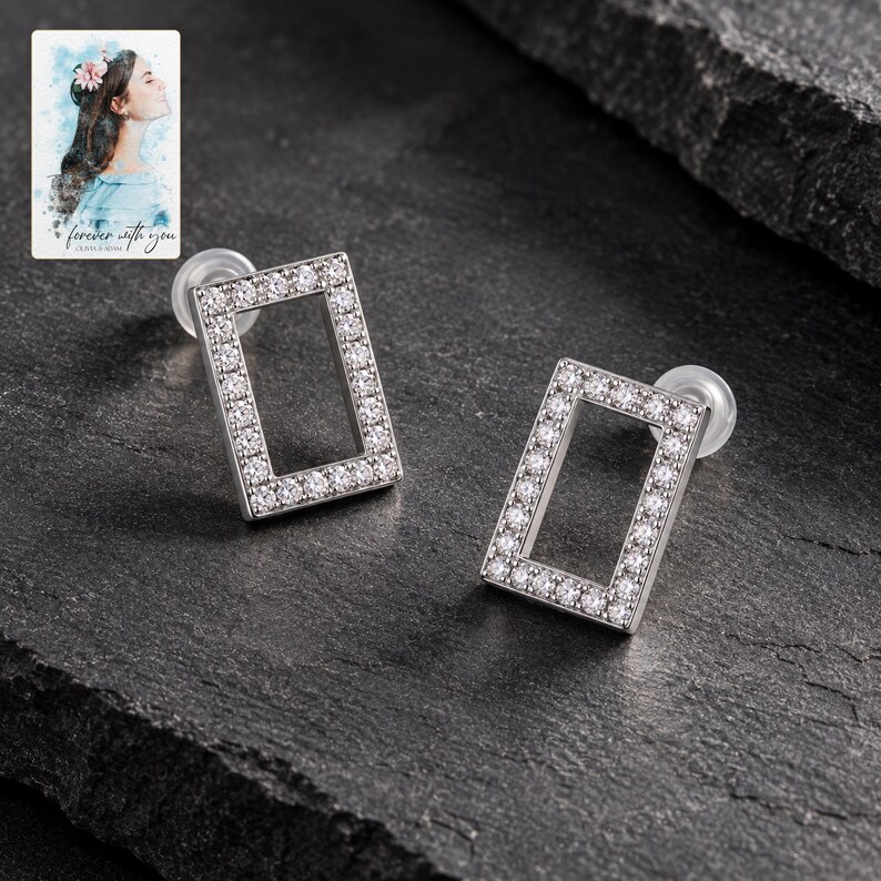Rectangle Moissanite Stud Earrings, shown against a dark background. A sample personalized digital greeting card is shown alongside.