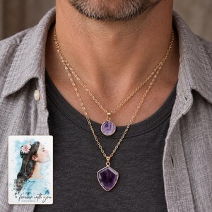 Layered Shield Necklace, human lifestyle view. A personalized digital greeting card is shown alongside.