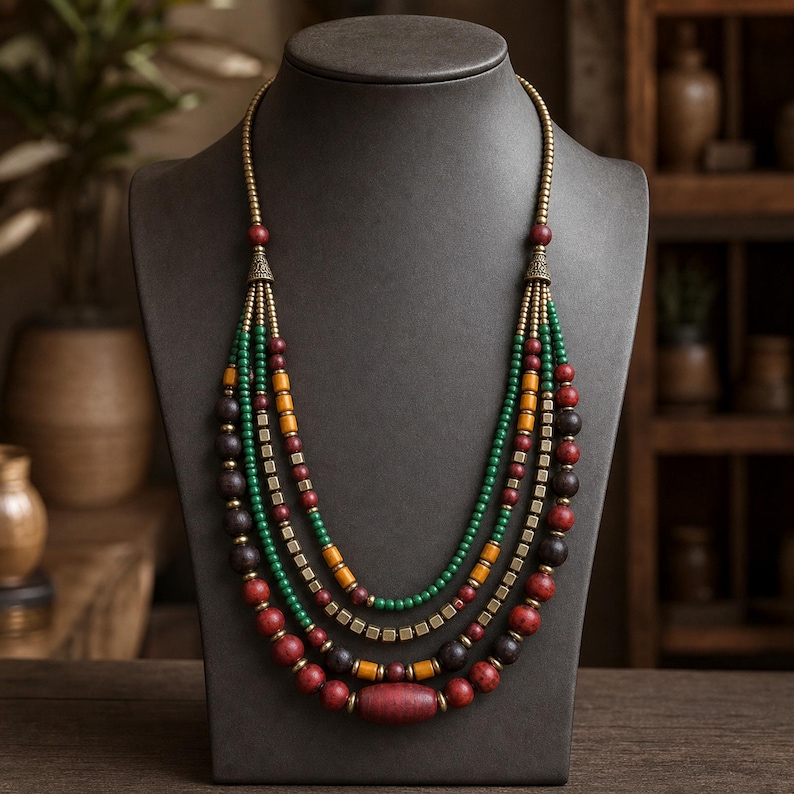Beige and Brown Statement Beaded Necklace shown individually as a coordinating option for the mix and match necklace set