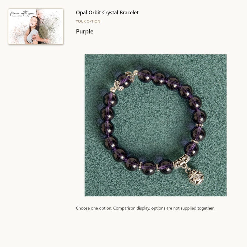 Purple. Round Bead Charm Bracelet. A personalized digital greeting card is shown. Select the pictured option when ordering.