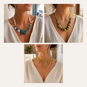 Puede incluir: Una colecci&oacute;n de tres collares: uno con perlas blancas y dijes azules en una cadena dorada, uno con cuentas texturizadas verdes y doradas, y uno con un dise&ntilde;o de cadena dorada de varias capas con peque&ntilde;os detalles dorados colgantes.