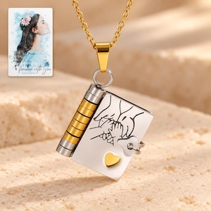 Opening Book Necklace, hero view. A personalized digital greeting card is shown alongside.