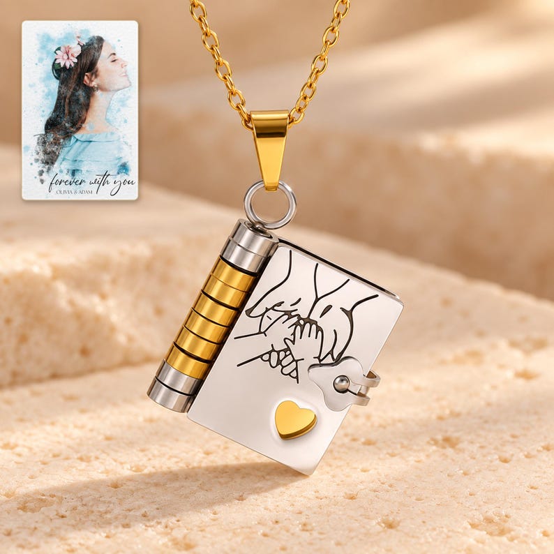 Opening Book Necklace, hero view. A personalized digital greeting card is shown alongside.