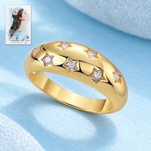 Star Set Moissanite Ring, close-up of the details. A sample personalized digital greeting card is shown alongside.