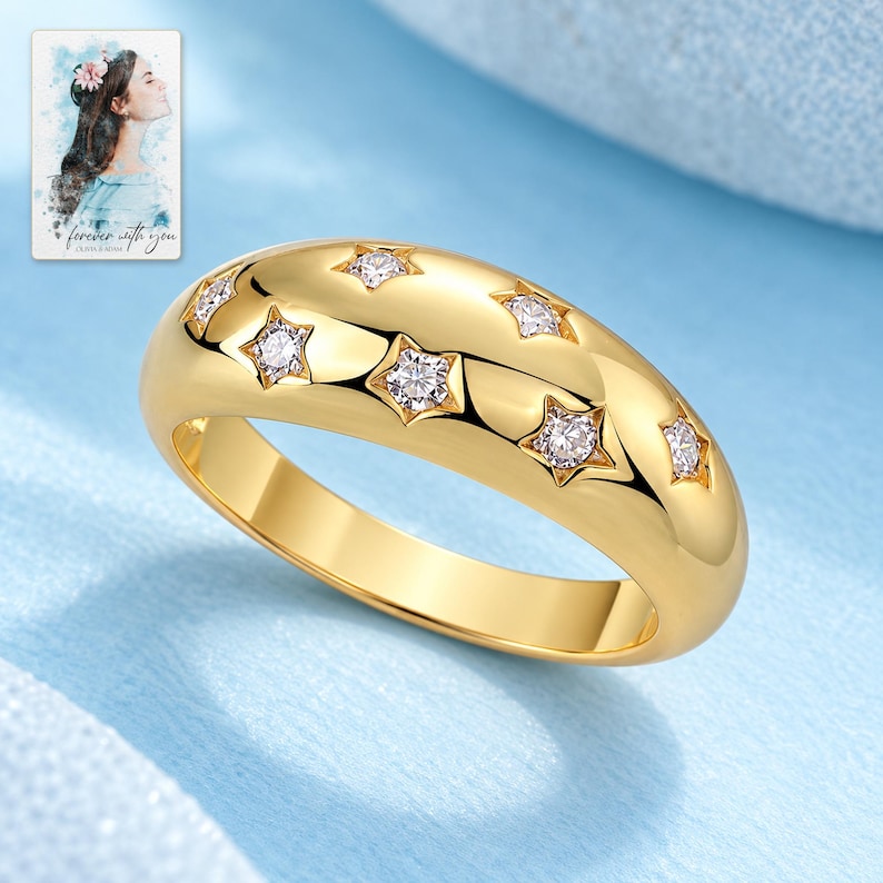 Star Set Moissanite Ring, close-up of the details. A sample personalized digital greeting card is shown alongside.