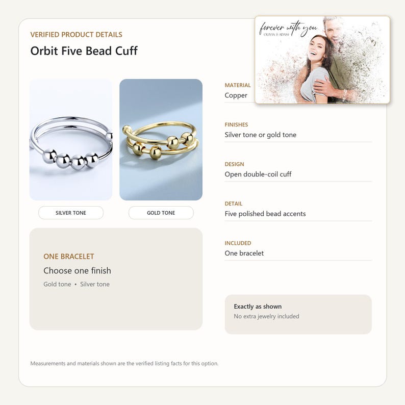 May include: An Orbit Five Bead Cuff bracelet featuring an open double-coil design with five polished bead accents. The bracelet is available in silver tone or gold tone finishes, crafted from copper. The product details are displayed on a white background.