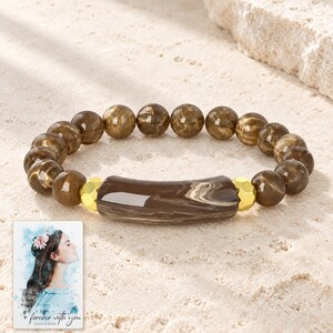 Cocoa Swirl Bar Bracelet shown as the main Etsy hero photograph with a clear view of the complete design. A personalized digital greeting card is shown alongside.