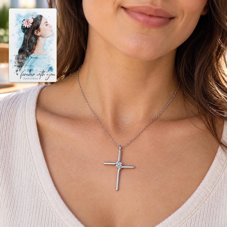 Cross Pendant Necklace, worn with daytime clothing. A sample personalized digital greeting card is shown alongside.