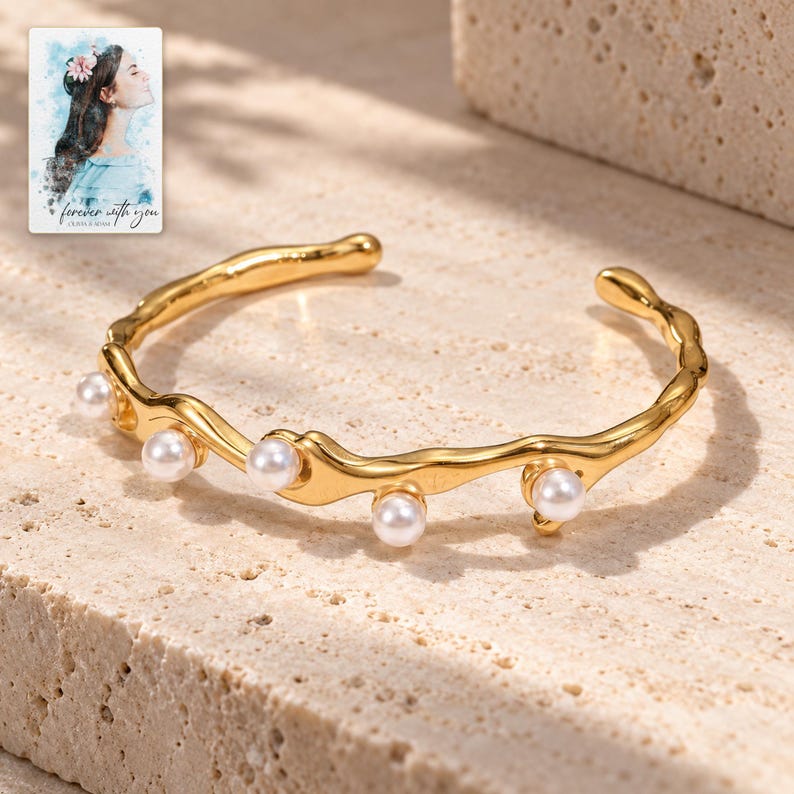 Gold Tone Cuff Bracelet, shown in natural light. A sample personalized digital greeting card is shown alongside.