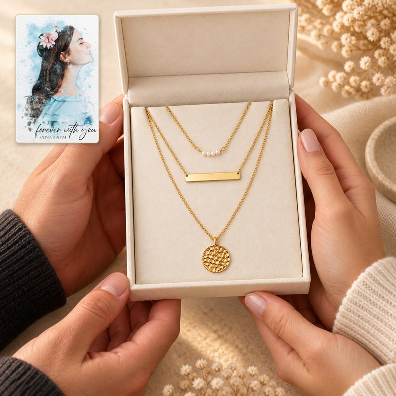 Two adults receiving an open ivory box containing the complete pearl-style beads, bar and hammered coin necklace trio. A personalized digital greeting card is shown alongside.