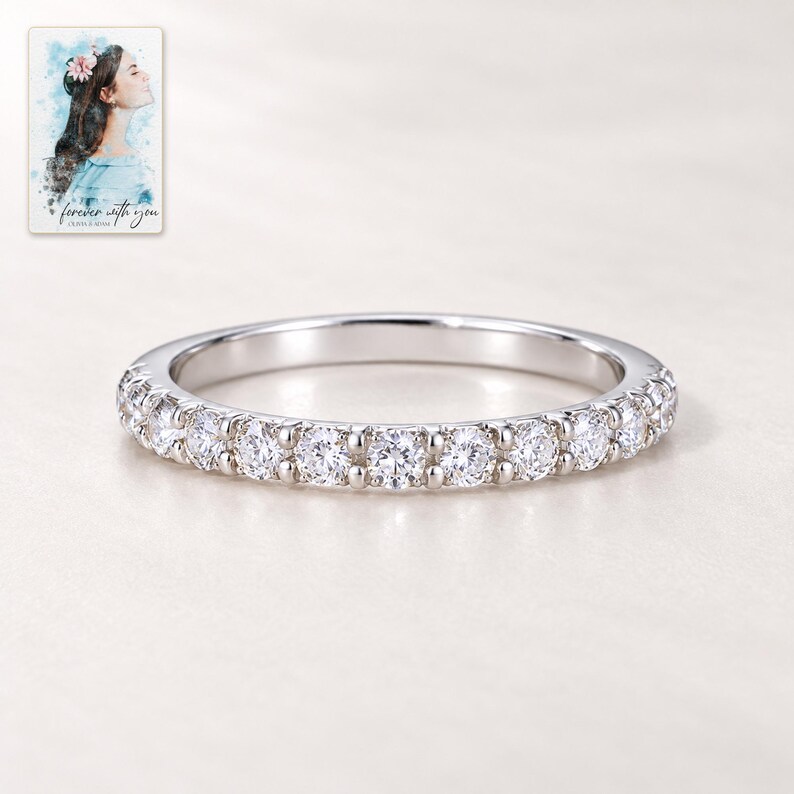 Moissanite Half Eternity Ring, shown against a light background. A sample personalized digital greeting card is shown alongside.